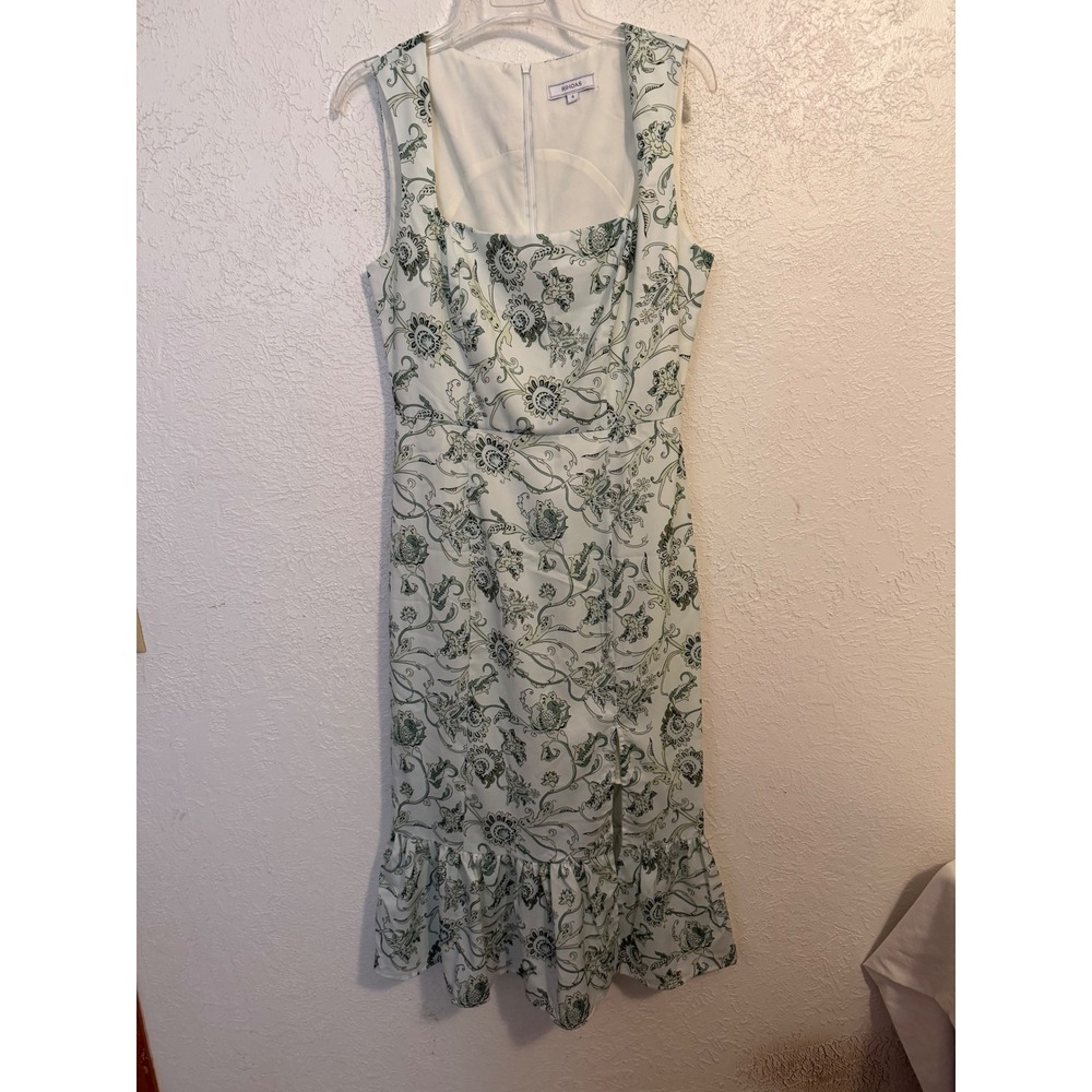 RIHOAS Women Sage Green Floral Paisley Ruffle Hem Midi Dress Square Neck Size S